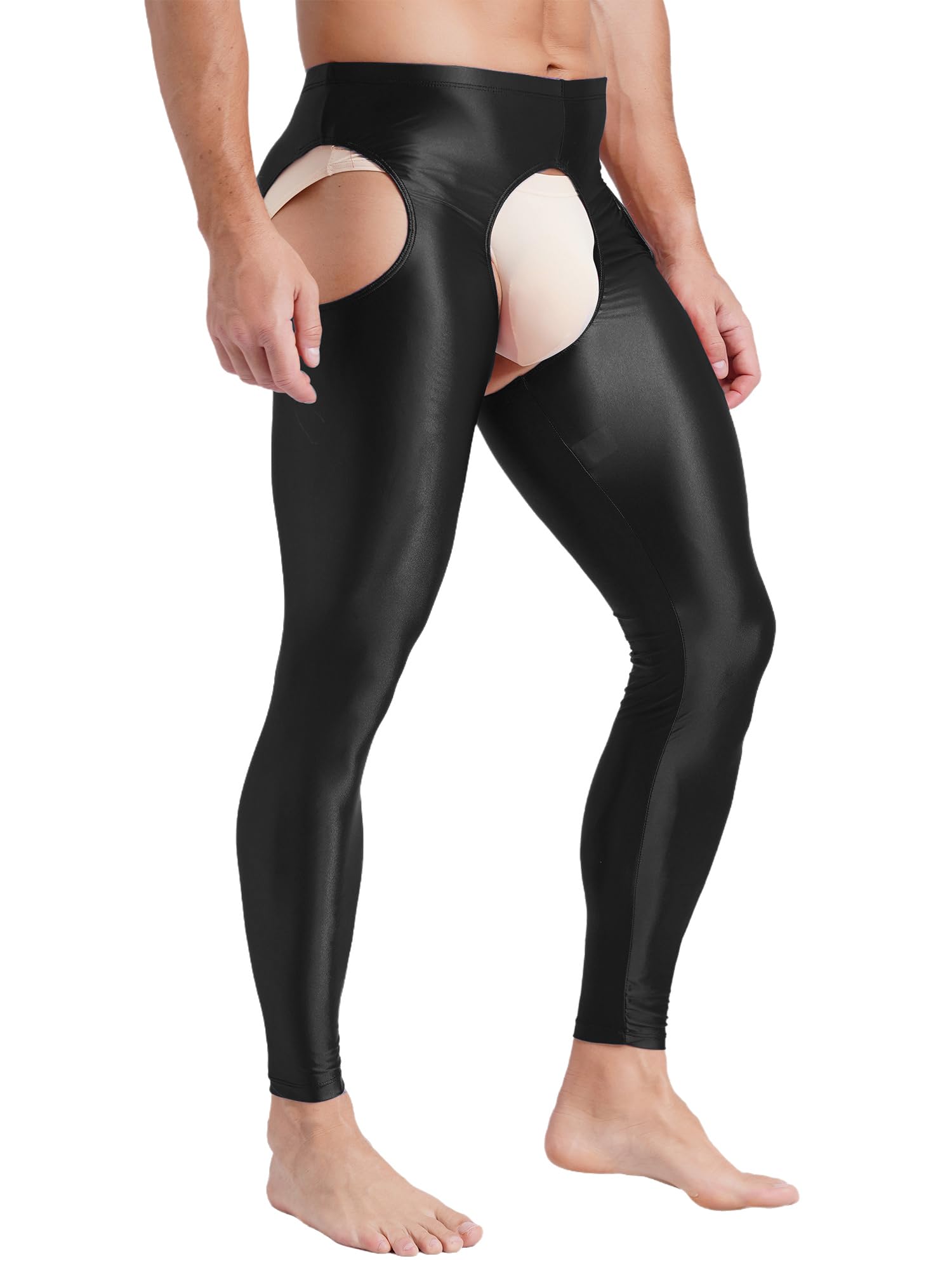 Vxuxlje Men's Oil Shiny Open Crotch Leggings High Waist Cut Out Leggings Compression Pants: XX-Large Black