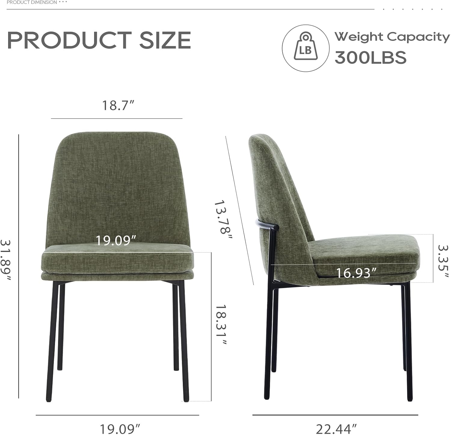 COLAMY Dining Chairs Set of 2, Modern Dining Chairs, Fabric Upholstered Dining Chairs, Kitchen Chairs with Curved Back and Metal Legs for Dining Room Kitchen Restaurant, Green