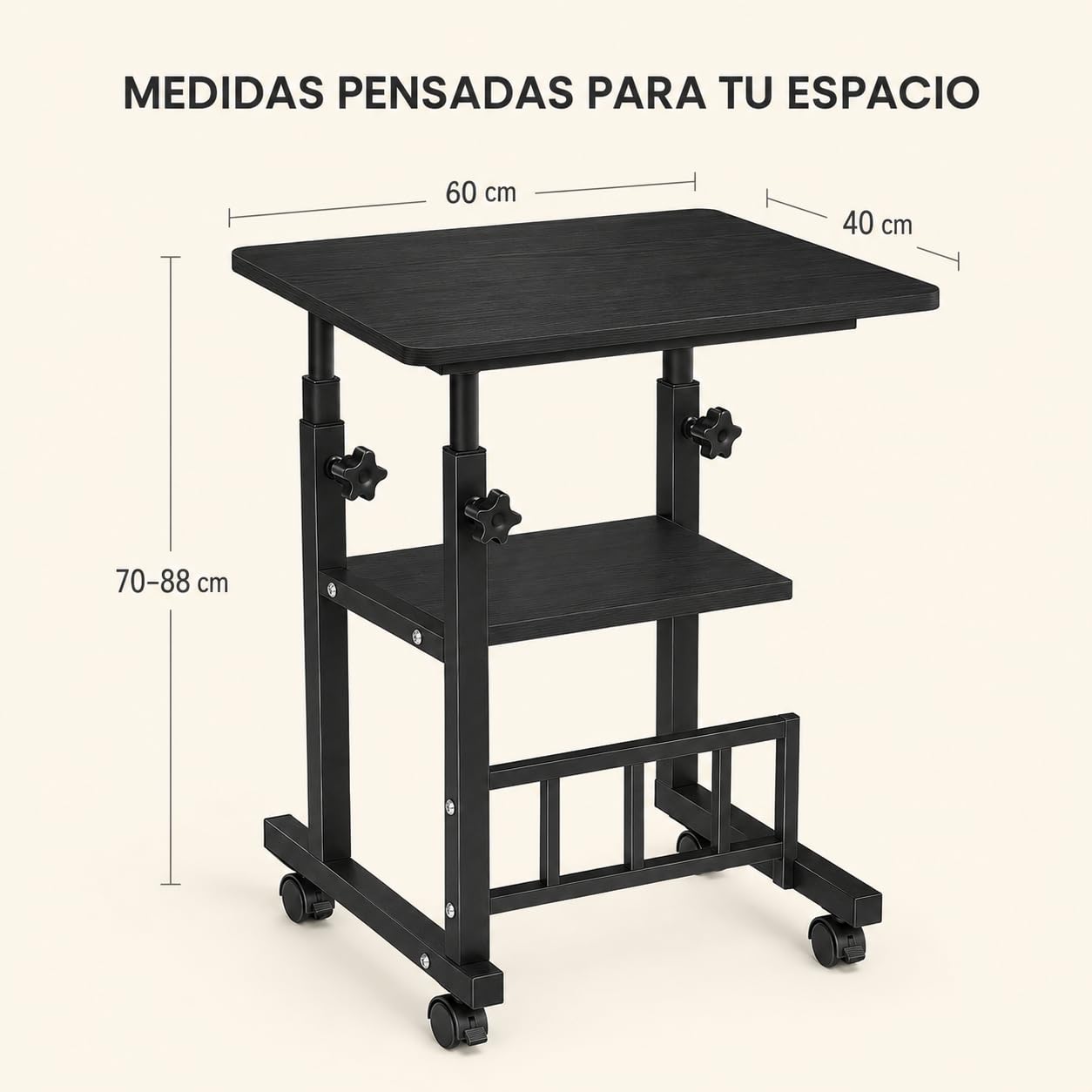 Mesa Auxiliar con Ruedas y Estantes - Escritorio Regulable en Altura 60 x 40 cm - Mesa para Ordenador Portátil, Sofá y Cama con Almacenamiento