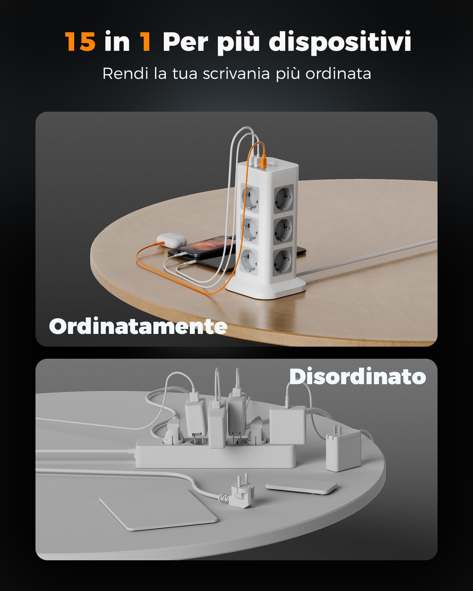 TESSAN 12 Prese Ciabatta Multipresa con USB, Multipresa Elettrica con Cavo 5M, Torretta Presa con USB C, Ciabatta Elettrica con Protezione Sovratensione