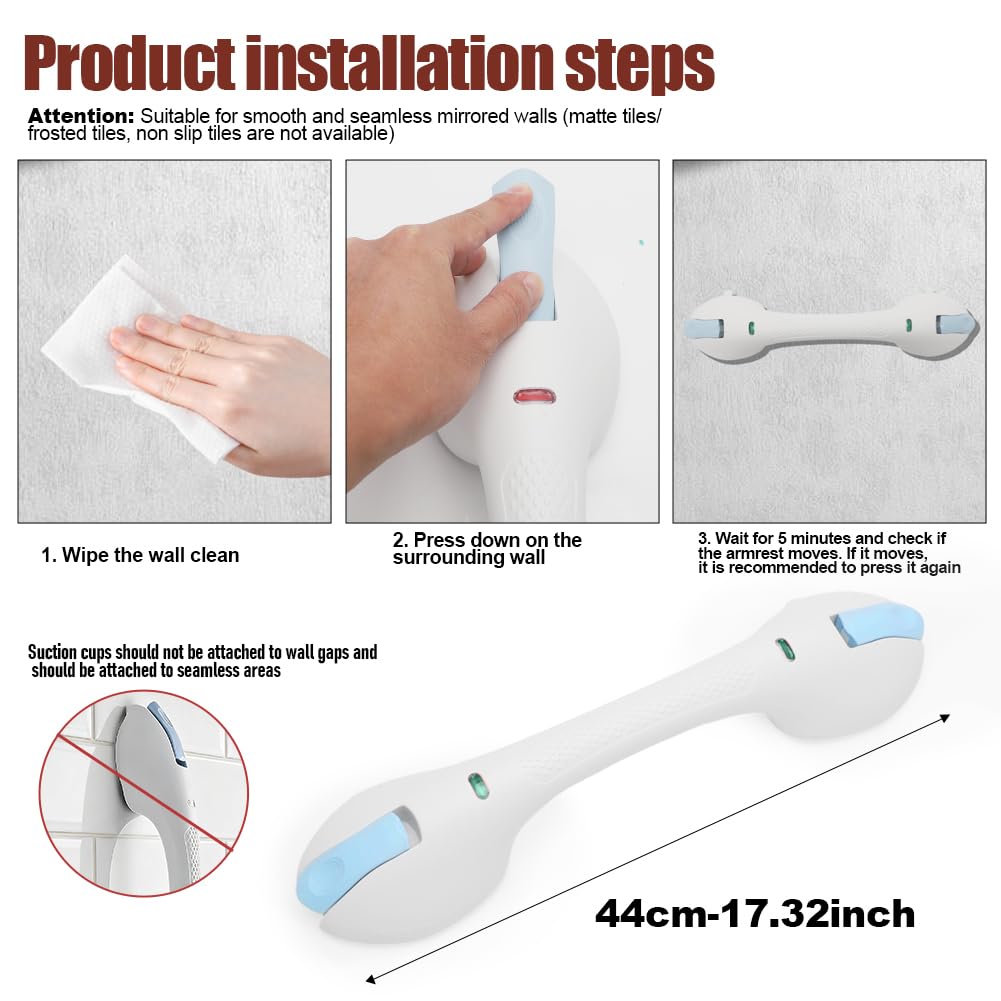 Barra di supporto doccia senza fori con ventosa, 120 kg, per anziani, indicatore di sicurezza colorato, removibile, impermeabile, per bagno e vasca da bagno, 44 cm, Blu