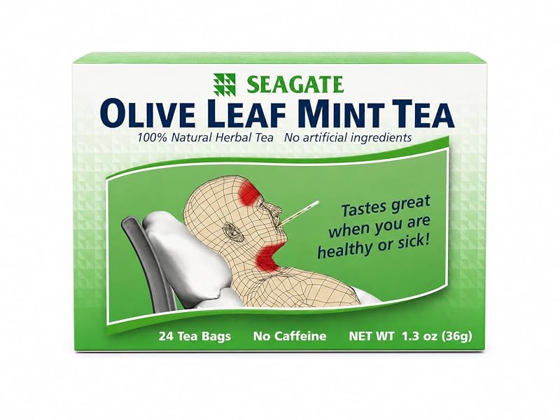 Seagate Chá fitoterápico de folha de oliveira com hortelã-pimenta, 24 sachês