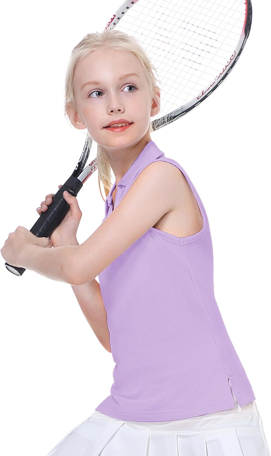 EXARUS Girls' Golf Polo Tennis Shirts Sleeveless Kids V-Neck Equestrian Tank Tops UPF 50+ Quick Dry Golf Clothes
