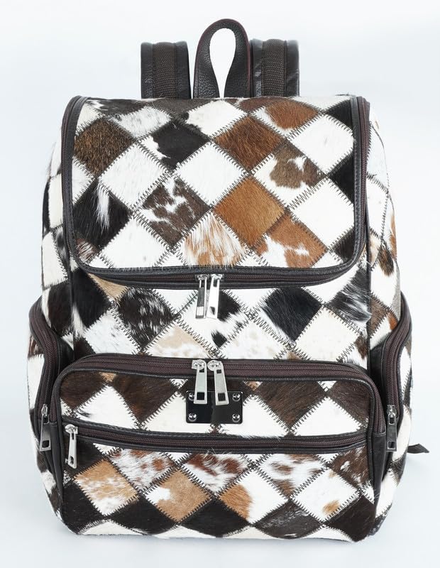 Western Dark Brown Patchwork Cowhide Leather Backpack - Everyday Travel Backpack - Genuine Leather Cow Print Diaper Bag2