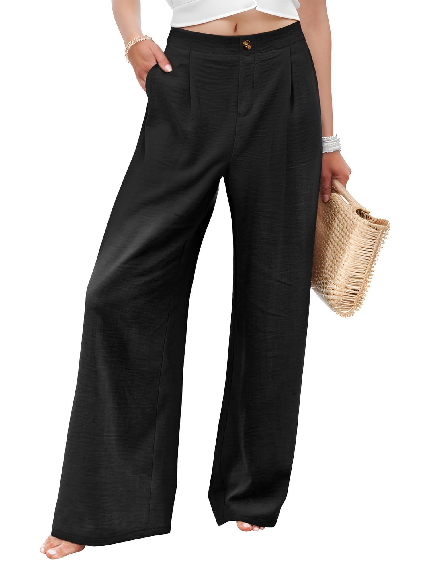 Tooluck Womens Casual Straight Leg Pants High Waisted Button Down Stretchy Trousers with Multiple Pockets Black