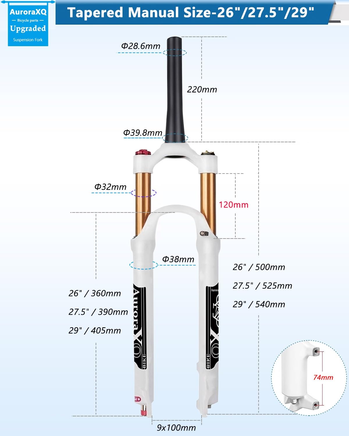 AuroraXQ Widelec Pneumatyczny do Rowerów Górskich MTB, Skok 120mm, 26/27,5/29", Szybkozłącze 9mm, do Rowerów Górskich XC AM MTB(Tapered Manual Lockout,26 cali)