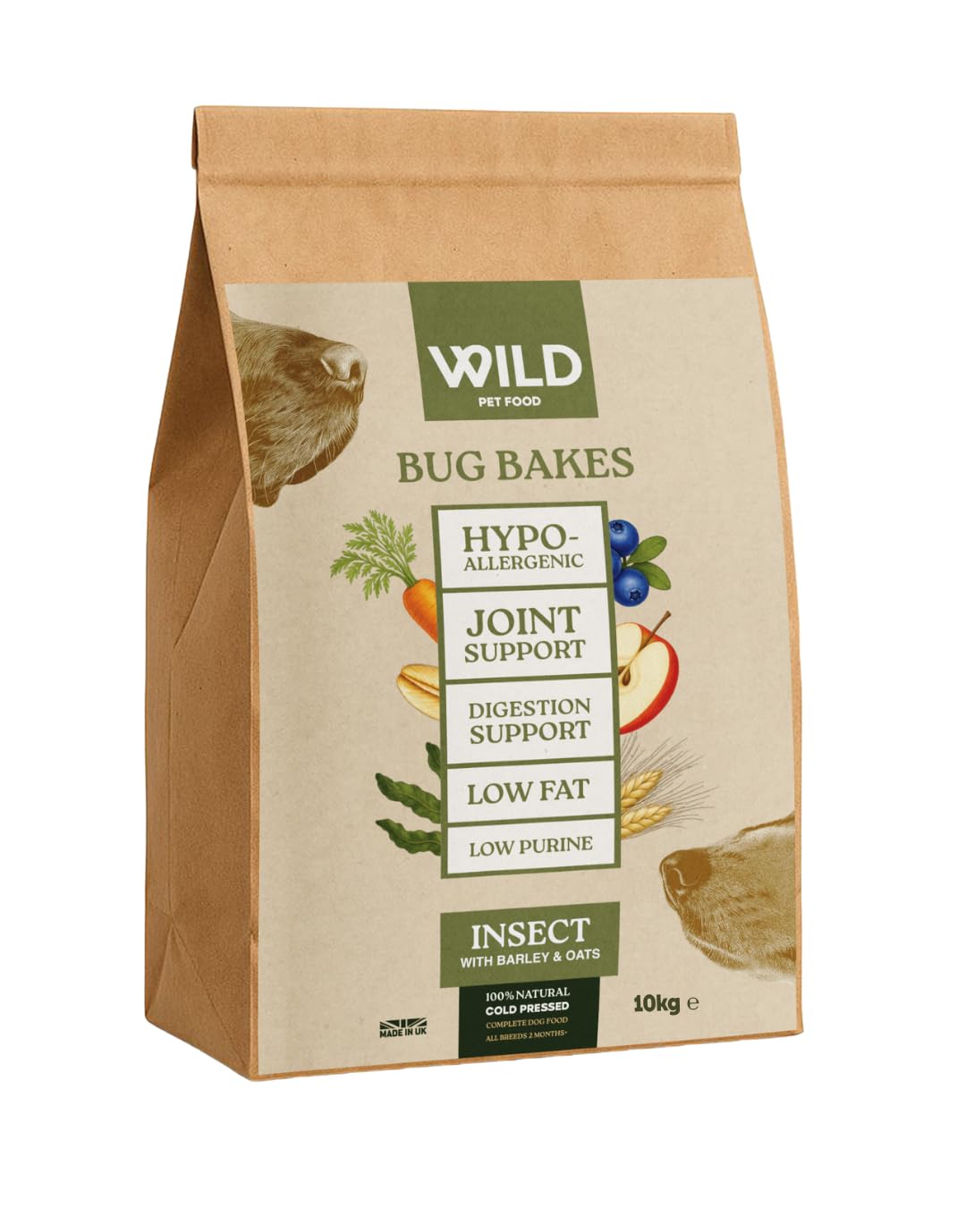 Bug Bakes Insect Dog Food with Barley & Oats – Hypoallergenic, Joint & Digestion Support, Low Fat & Low Purine, Natural Complete Dry Dog Food, 10kg