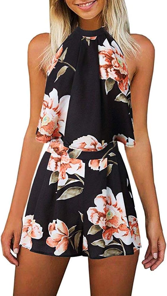 Rompers for Women Summer Casual Floral Short Jumpsuits Elegant Sleeveless Playsuit Beach 2 Piece Outfits Romper Dress