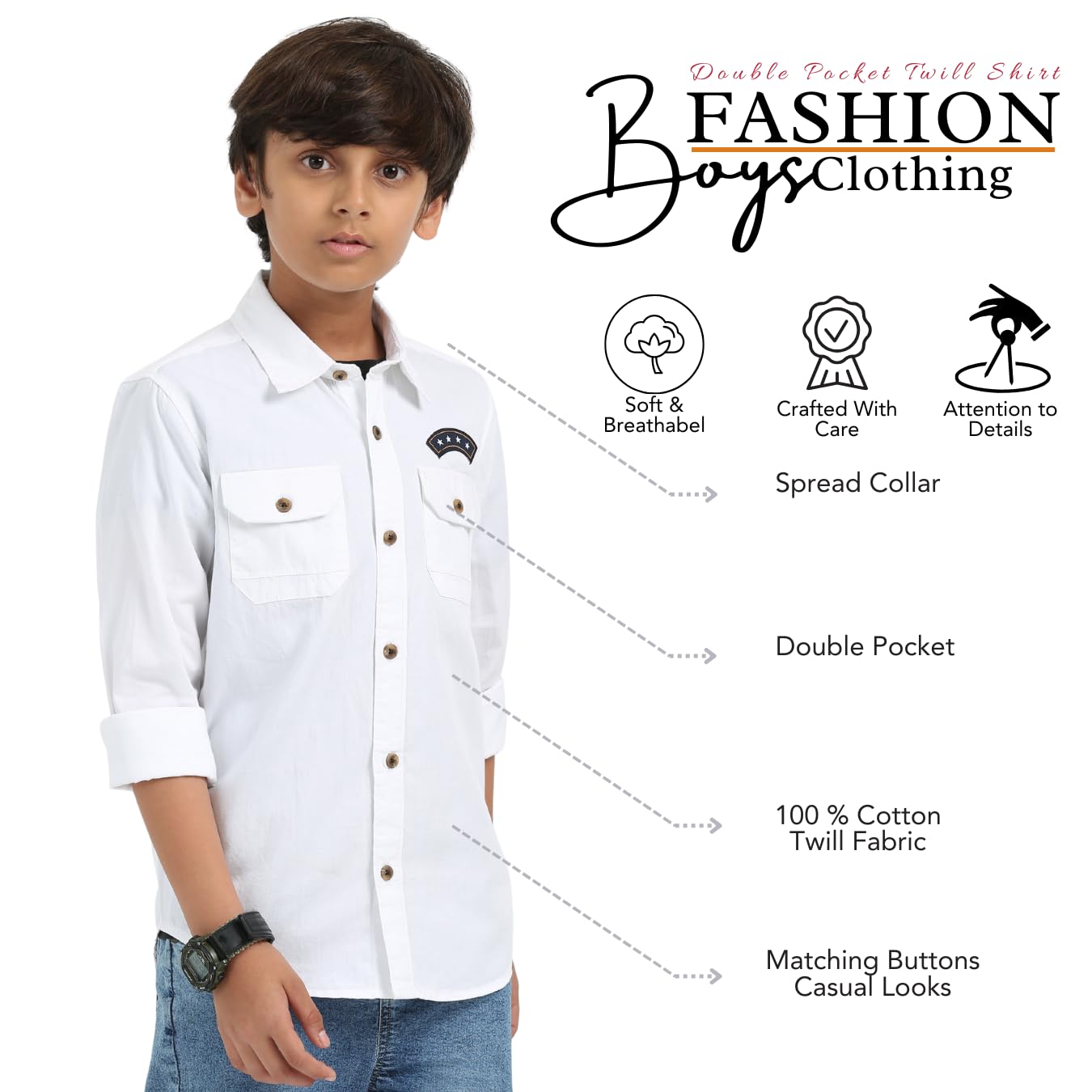 Rocket Science Boys Casual Wear Double Pocket Shirt | Regular Fit, Spread Collar, Full Sleeves, 100% Cotton Twill Fabric White 4