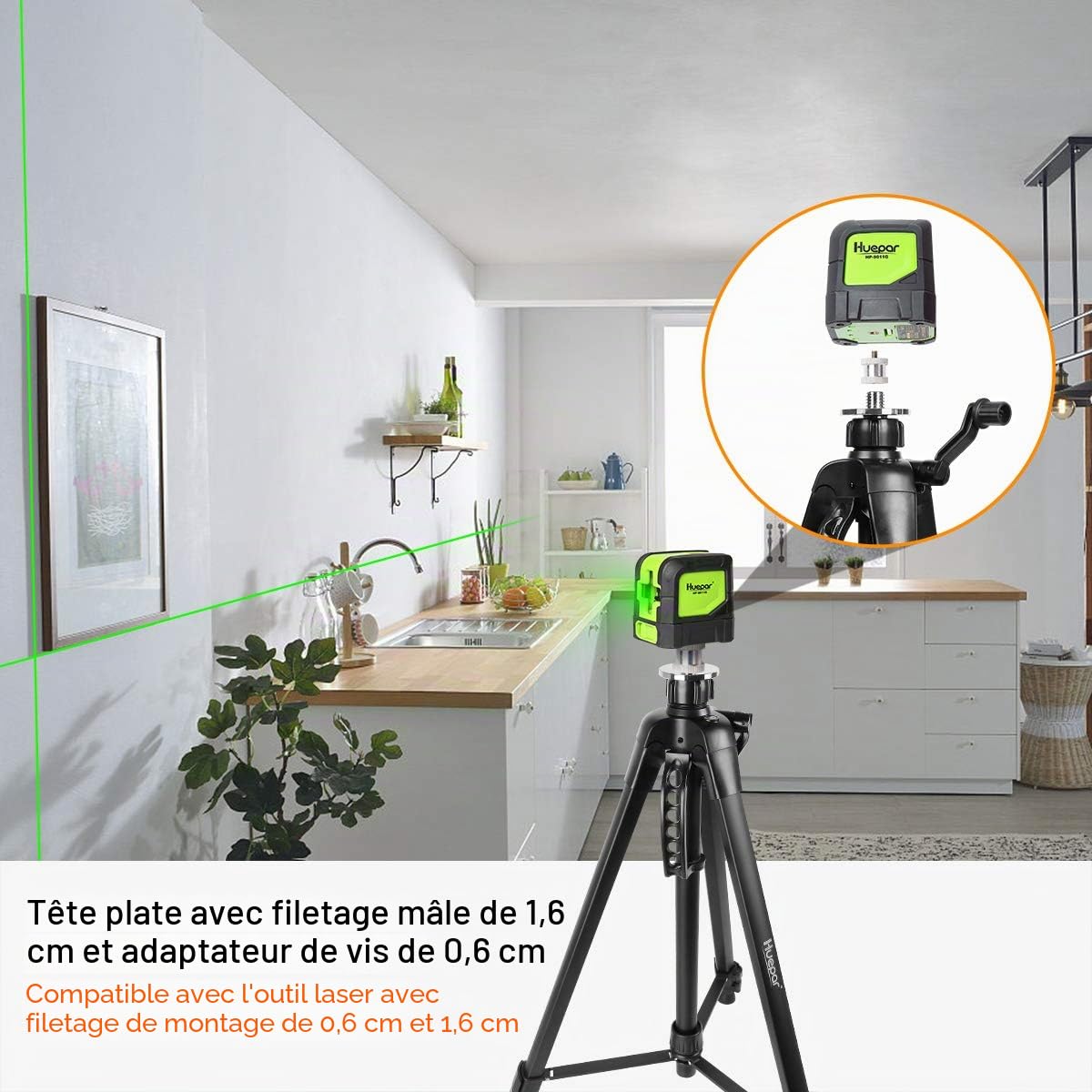 Huepar TPD16 Trépied en aluminium tête plate niveau laser poignée niveau à bulle filetage 5/8"-11 adaptateur 1/4"-20 sac de transport inclus