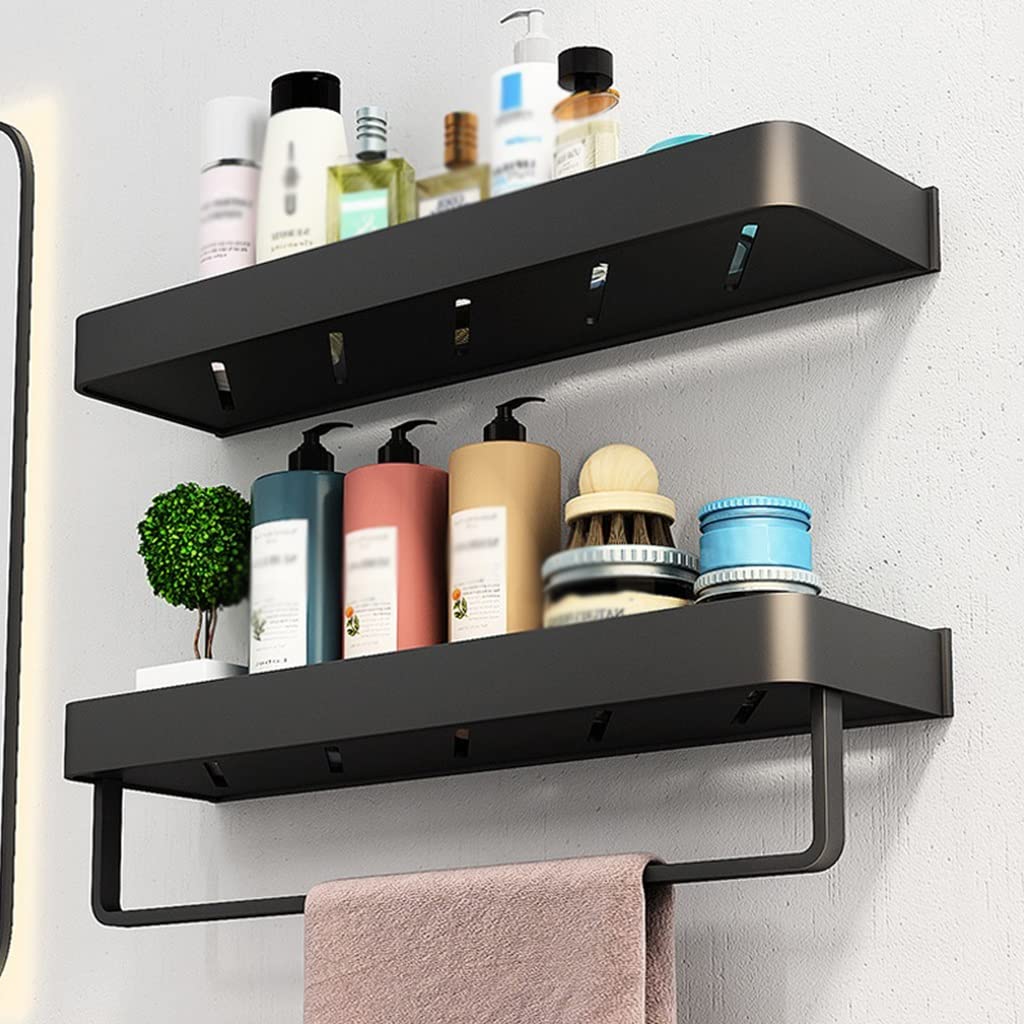 Estantes de baño exquisitos Estante de baño de pared, Estante de esquina de baño de aluminio negro, Organizador de ducha montado en la pared sin perforaciones con toallero (Color : 40cm with rod)