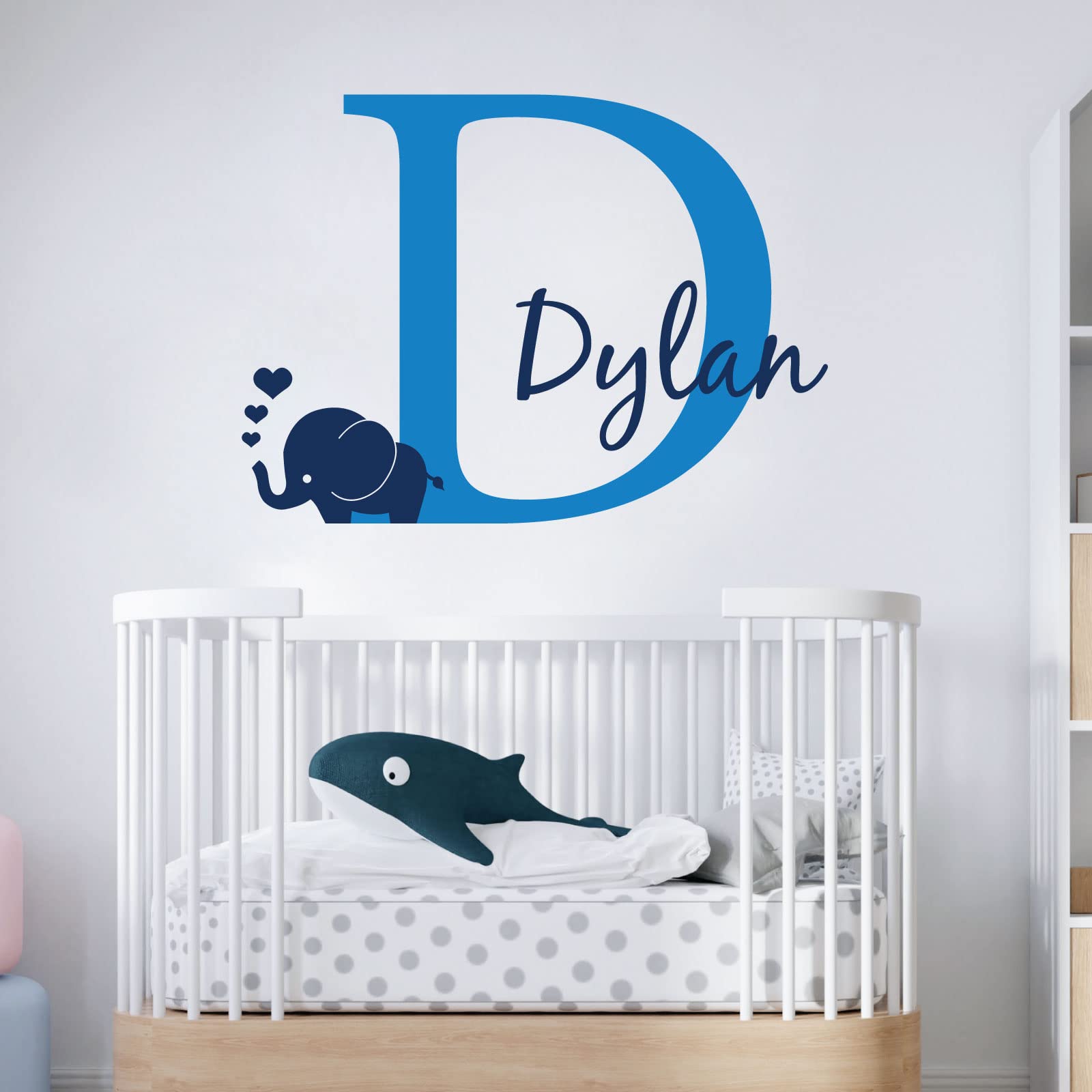 Personalised Baby Girl/Boy Name with Initial Letter and Baby Elephant, Hearts - 2 Colours [Large] [Ocean]