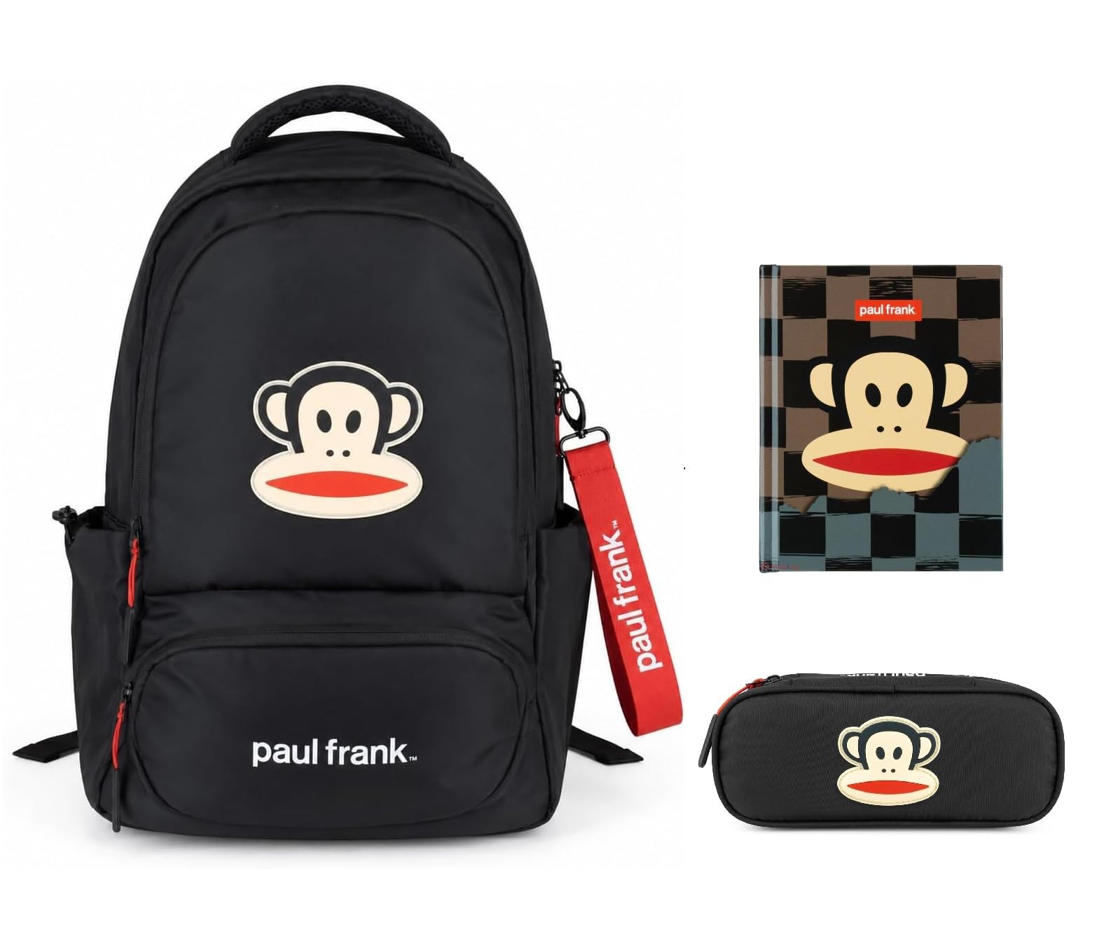 PRESTIGE & DELUXE Zaino Paul Frank scuola Tempo Libero 18L | Ragazzi | Nero con Patch Gommata Julius | Vano Laptop | Tasca Portamerenda +Astuccio ovale zip + Kit penne e portachiave fischietto