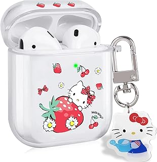 Cute Case for Airpods 2/1 with Strawberry Pattern Case Clear with Funny Kawaii Cat Keychain for Women Girls Kids Soft Silicone Headphone Cover for AirPods 2nd &1st Generation Case