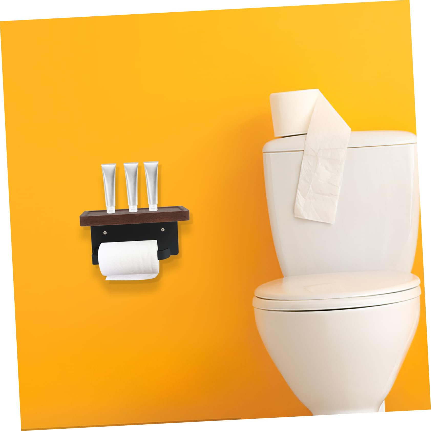 Portarrollos Papel Pared con Estante de Madera de Nogal Negro Soporte Práctico para Baño y Cocina Diseño Elegante para Pequeños Objetos
