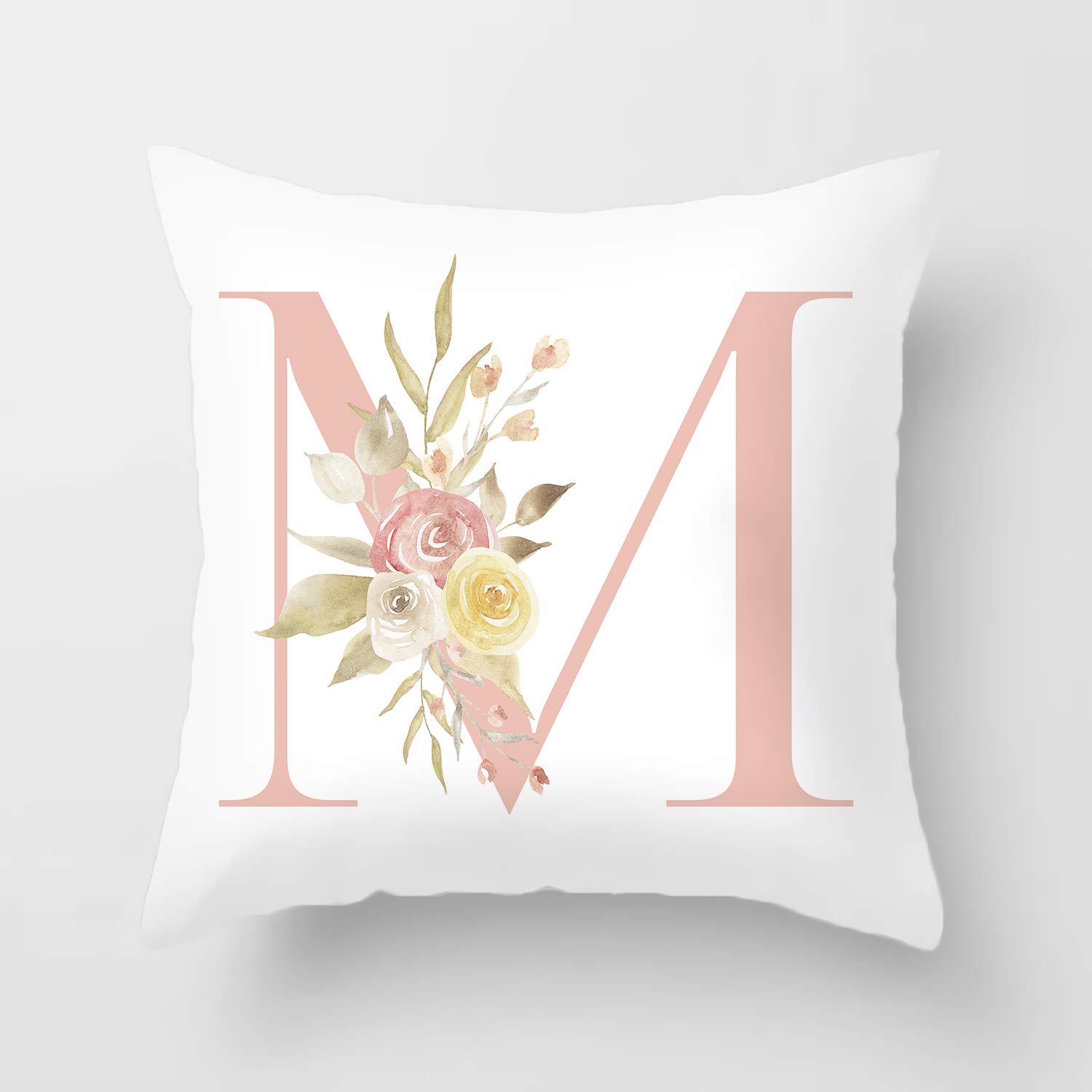 YeeJu Alphabet M Decorative Throw Pillow Covers English Letters Floral Pillow Covers White Velvet Soft Square Initial Cushion Covers Outdoor Sofa Bedding and Home Decor Pillow Cases 16x16 (Letter M)
