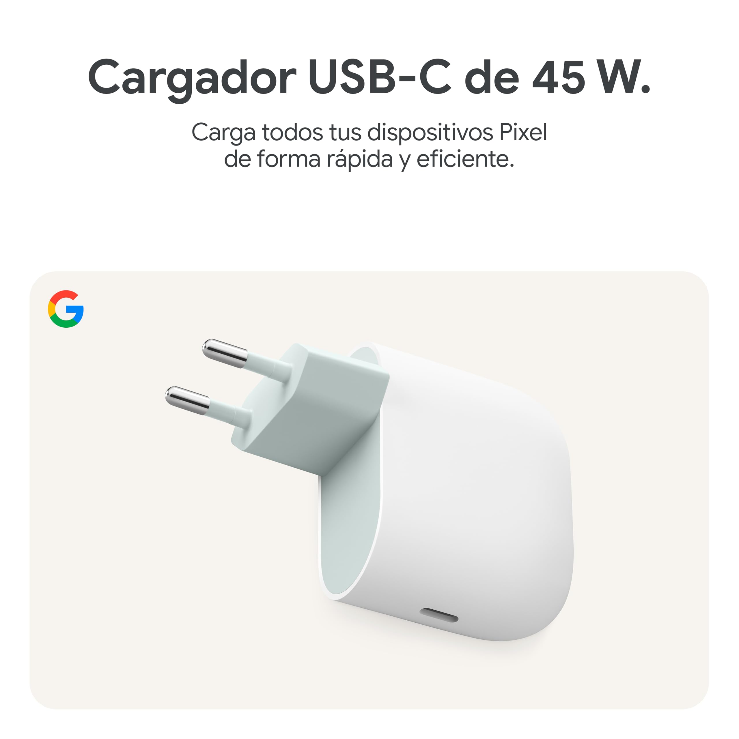 Cargador USB-C de 45 W de Google - Cargador de teléfono Pixel de Carga rápida - Compatible con los Productos de Creado por Google y Otros Dispositivos USB-C® - Nieve