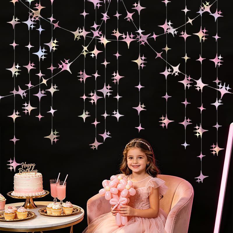 Image of Glitter Iridescent Pink Four-Angle Star Paper Garland Banner 40 Feet Iridescent Pink Twinkle Star Hanging Bunting Banner Backdrop for Wedding Baby Shower Birthday Graduation Disco Party Decorations