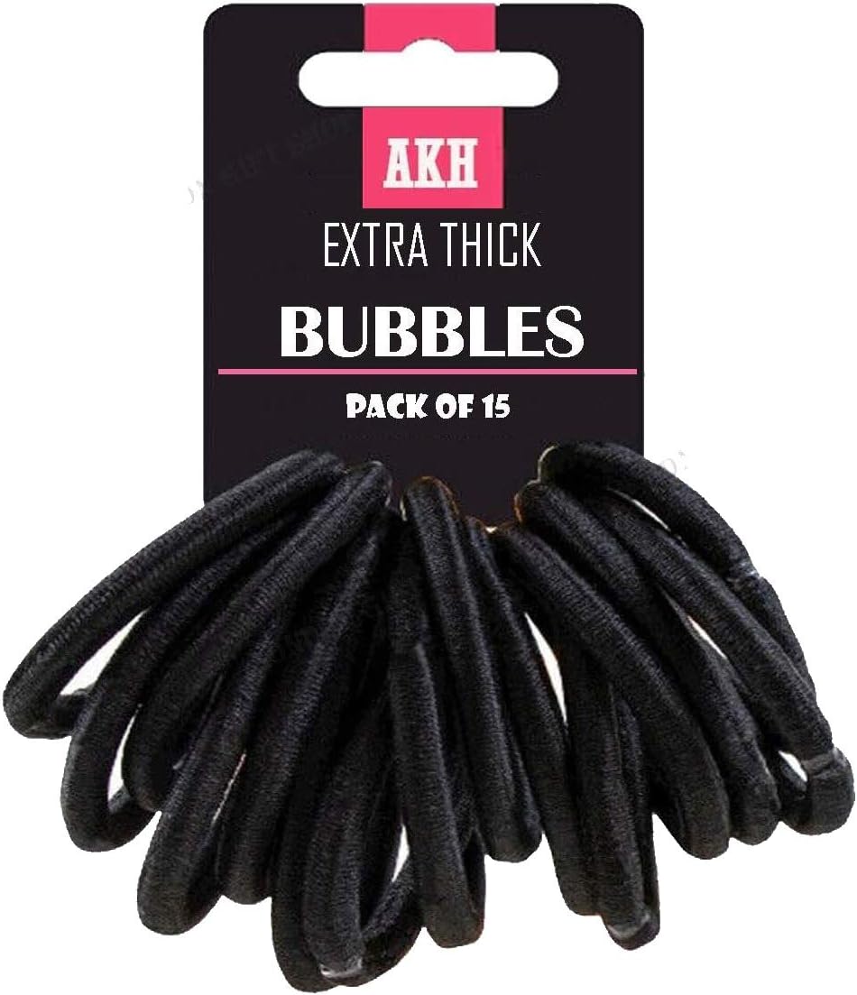 AKH® Set of 15 BLACK Thick Snag Free Endless Hair Elastics Bobbles Hair Bands | Extra Thick | Ponytail Holders For Wide Range of Hair Styling Needs | UK