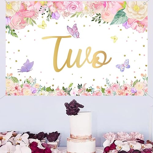 Miniatura 4 de Cartel de fondo de feliz segundo cumpleaños para decoración de fiesta para niña de 2 años, cartel de tela con texto en inglés "Happy 2", fondo de