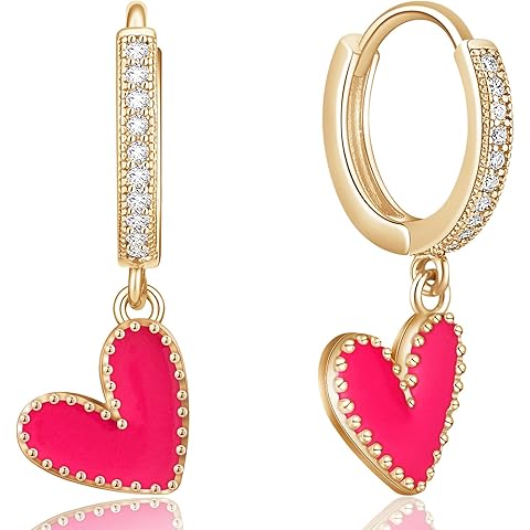 Unique Dainty Sparkly Crystal Red Heart Dangle Drop Earrings Elegant 14k Gold Chic ...