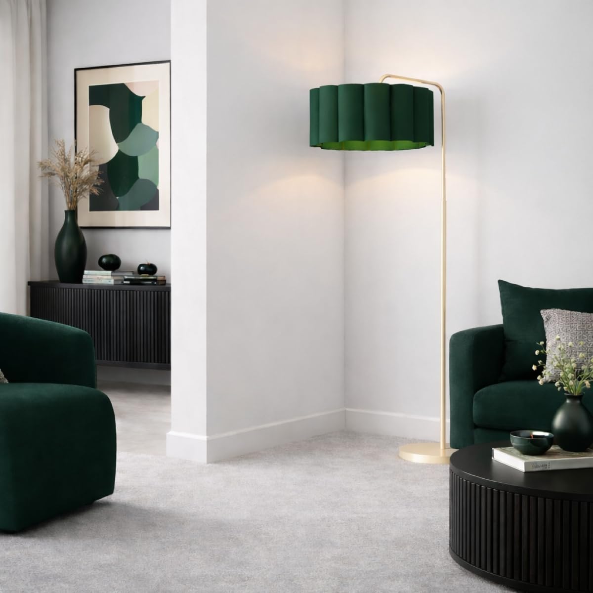 Cgc Lighting Green Lampshade Indoor Floor Lamp Cream Off White Angled Corner Standing Reading Light And Lampshade Living Room Lounge (Green Lampshade)