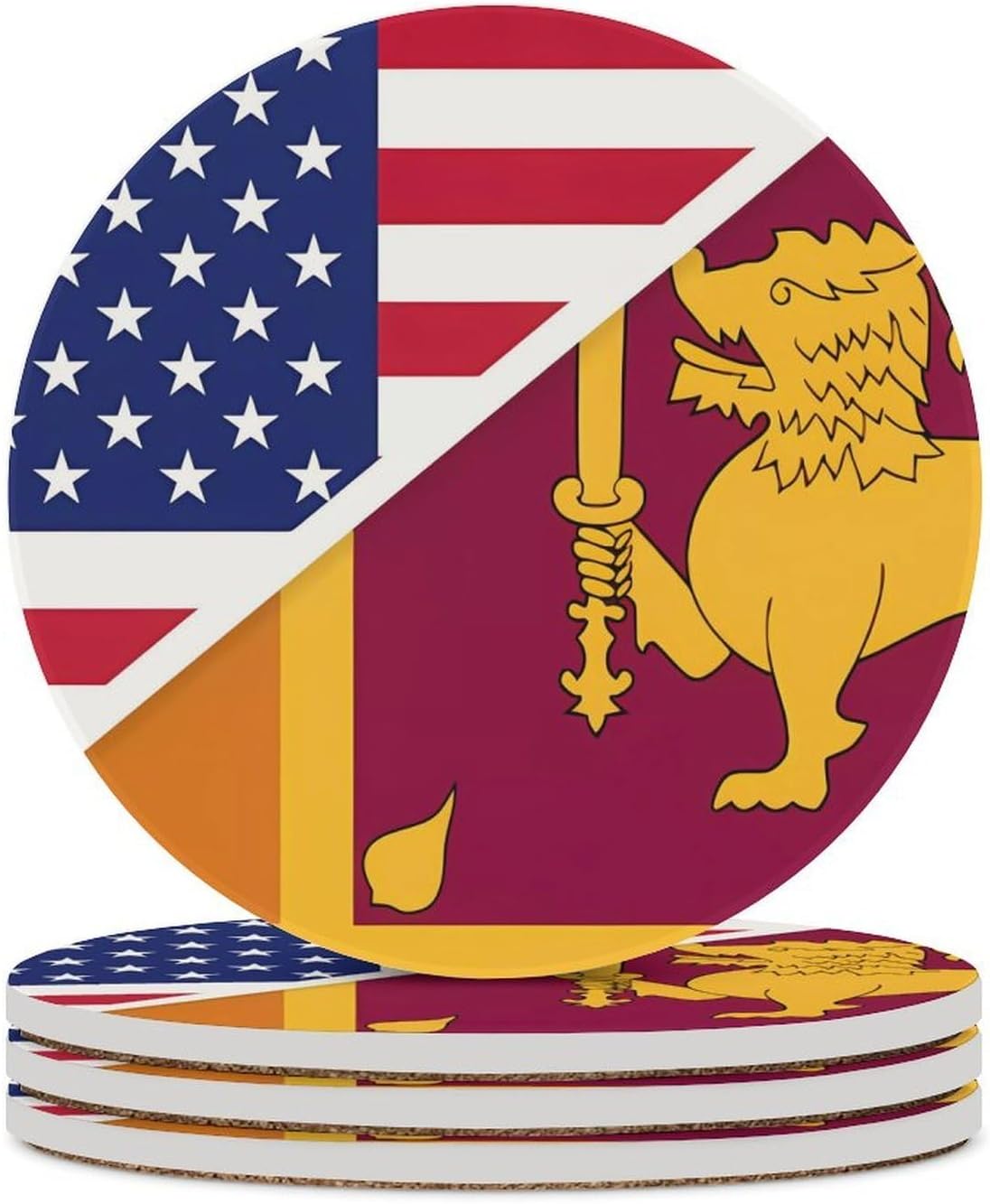 Sri Lanka U.S.A. Flag Round Ceramic Coasters for Drinks Absorbent Cup Holder Tabletop Protector with Cork Base