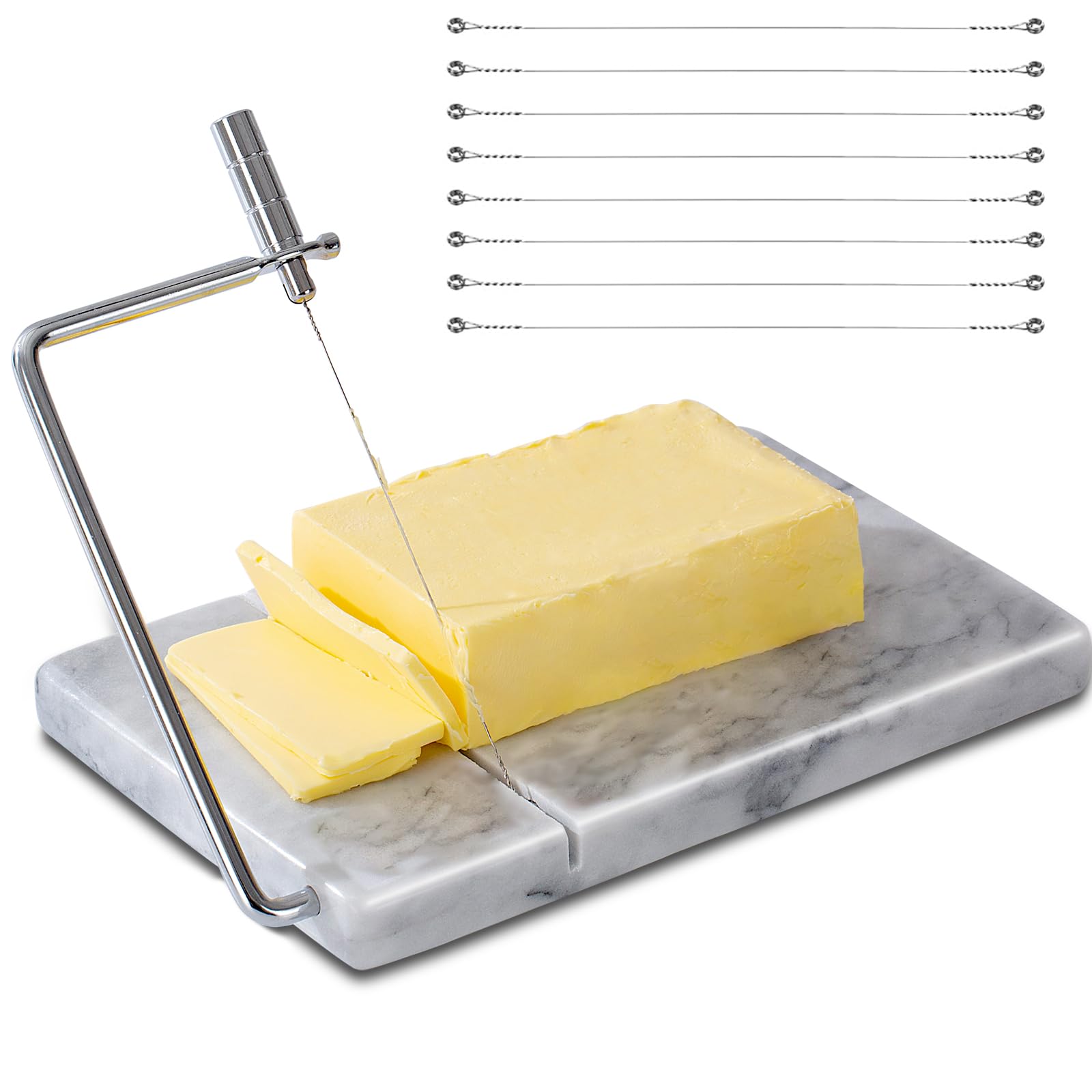 Cheese Slicer with 8 Replacement Wires, Natural Marble Butter Slicer Cheese Cutter and Cutting Board - For Block Cheese and Butter (Gray)
