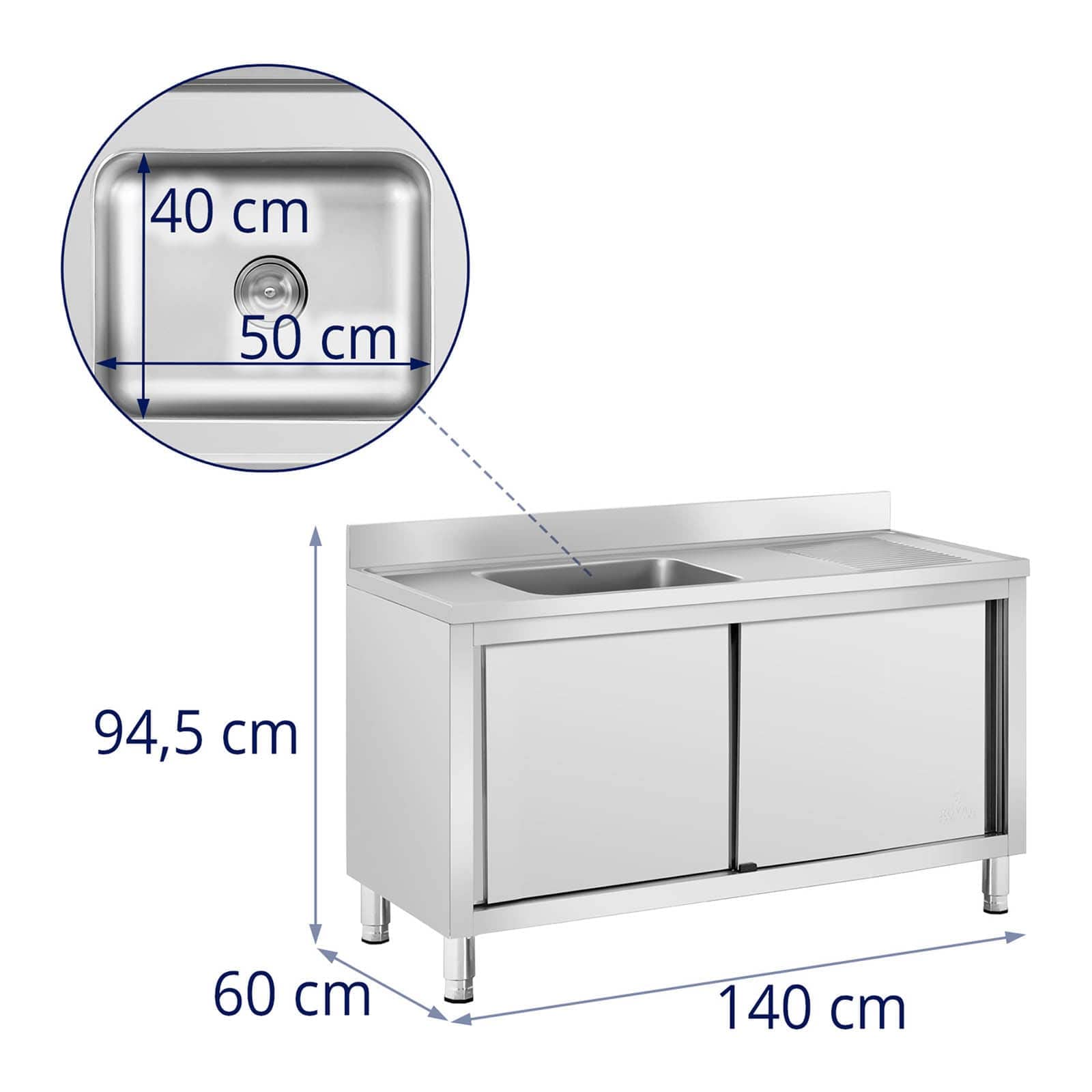 Royal Catering Spültisch mit Unterschrank, Schiebetüren und Aufkantung 60 x 140 x 94,5 cm 1 Becken (50 x 40 x 24 cm) Edelstahl Spülenschrank Spülenunterschrank Spülschrank