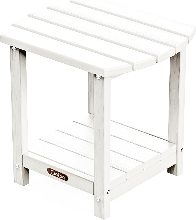 Ciokea Adirondack Outdoor Side Table, 2-Tier Sturdy Patio End Table Weather Resistant, Morden Side Table for Patio, Pool, Porch, White
