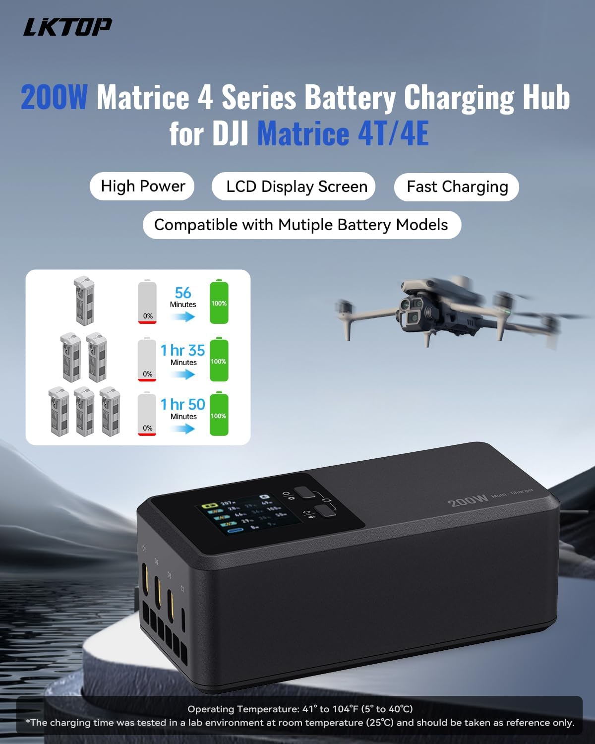 LKTOP Matrice 4 Series 200W Batterieladegerät Schnellladegerät für DJI Matrice 4T/4E Drohne mit Speicher/Stummschaltung/Ausgang, LCD Display (Paralleles Aufladen 3 Akkus 1h 50min)