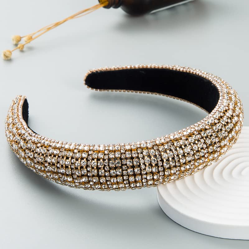 Women Rhinestone Headband Bling Padded Baroque Crystal Fashion Hair Band Party For Bridal Crown Hair Hoop Wedding Hair Accessories (Gold) - Image 2