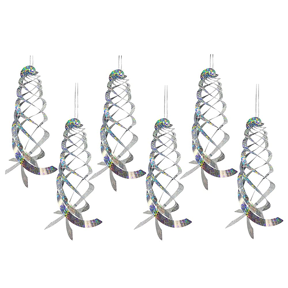 Janzu Silver 6 Pack Bird Repellent Spiral Reflectors Mylar Spinner, Hanging Reflective Bird Deterrent Device Garden Decorative