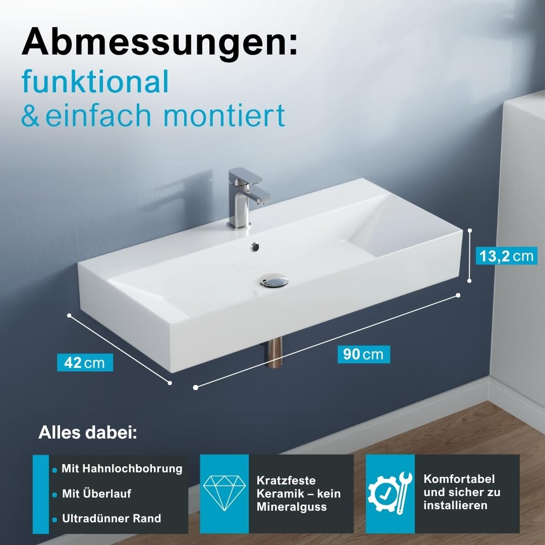 Aqua Bagno lavabo grande 90 cm rectangular cerámica blanco brillo, lavabo suspendido para baño moderno con orificio para grifo y rebosadero, diseño contemporáneo y fácil de limpiar | Lavabo colgante de borde fino con agujero para grifo y rebosadero, color
