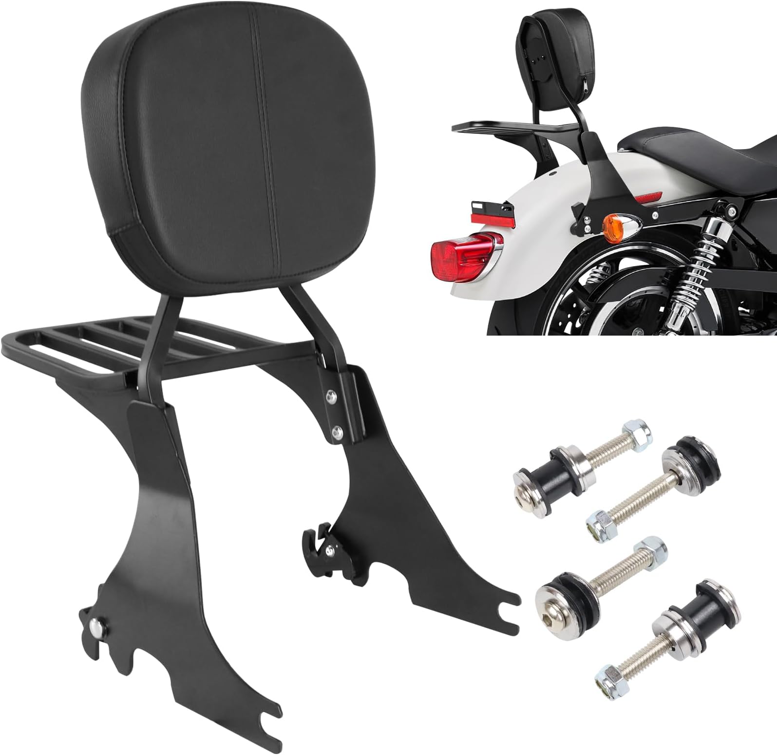 AUFER Motorcycle Passenger Low Backrest Sissy Bar with Back Rest Pad Luggage Rack and Docking Hardware Kits Compatible with for Sportster 883 XL883 1200 XL1200 2004-2024
