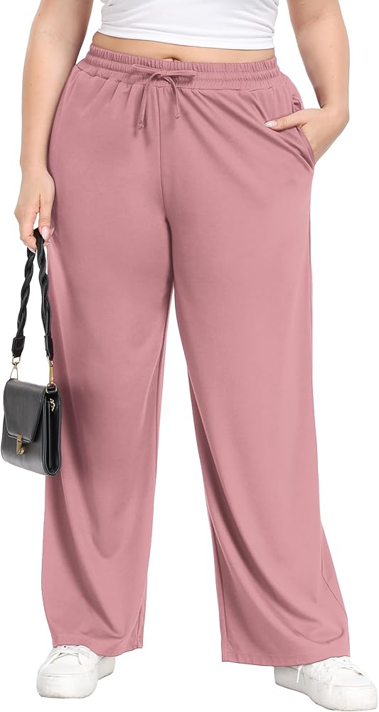 Lastshe Women's Plus Size Casual Pants Elastic Waist Wide