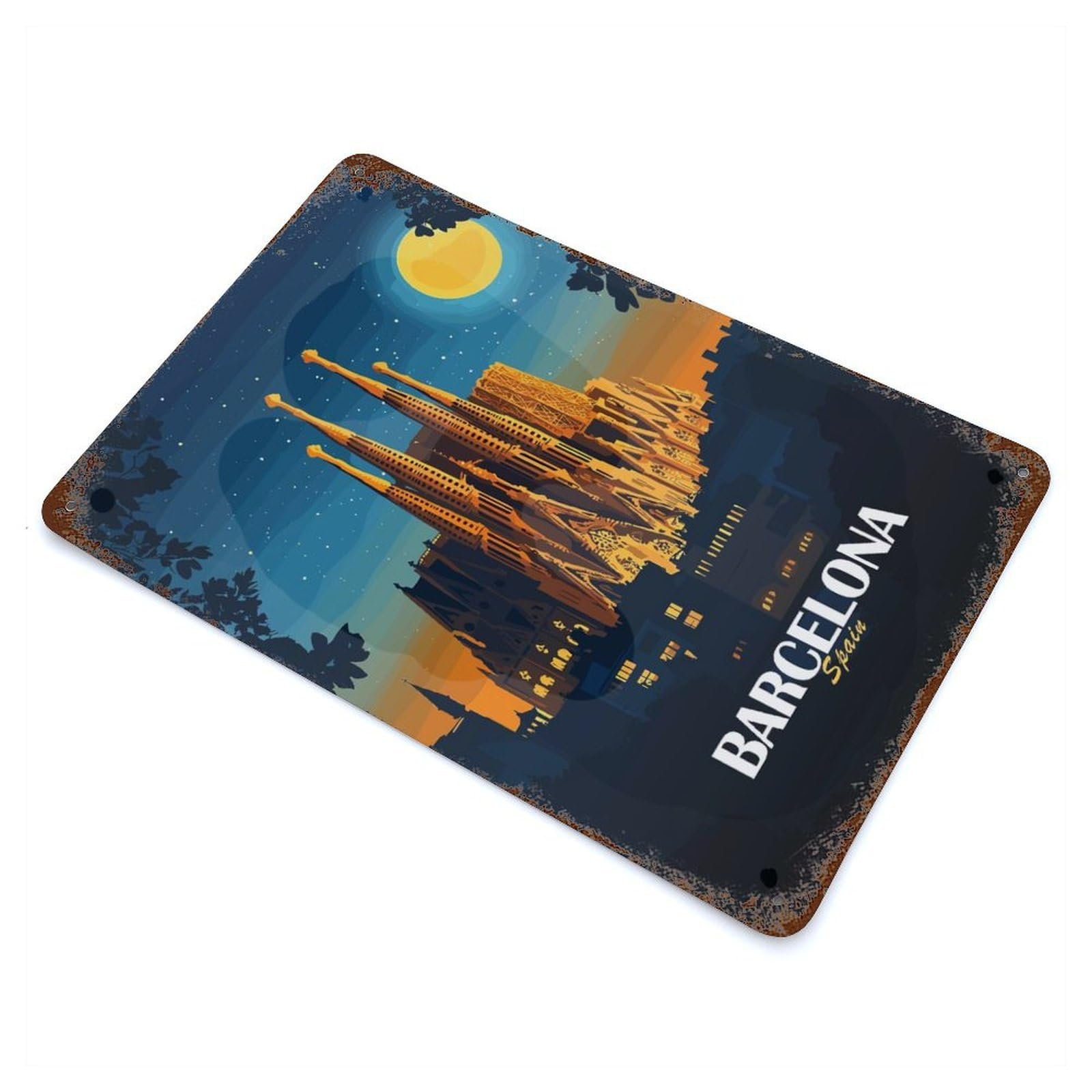 Rusty Metal Tin Sign with Barcelona Spain Sagrada Familia Illustration Design 11.8"x7.9", for Shed, Workshop And Garage Wall Decor, Classic Wall Plaque