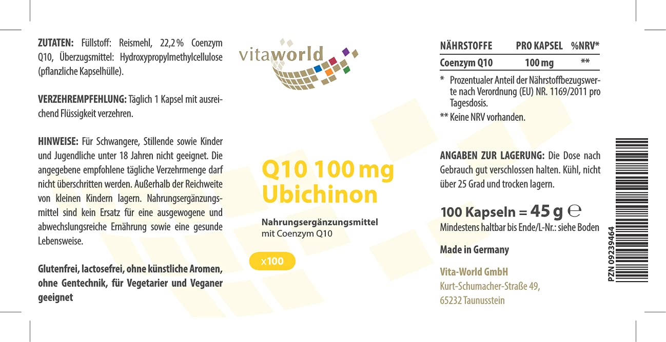 3er Pack Vita World Coenzym Q 10 Ubichinon 100mg 3 x 100 Kapseln Vegan/Vegetarsich Apotheker-Herstellung