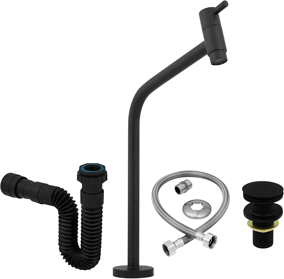 Kit Completo de Conjunto de Acessórios para Lavatório/Banheiro: Torneira de Cuba, Válvula Click, Sifão e Engate – Acabamento Preto Fosco