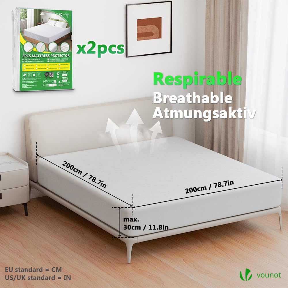 VOUNOT® Juego de 2 Protector de Colchón Impermeable 200x200x30cm Funda Colchón Rizo Poliéster Certificación Oeko-Tex Cubre Colchón Transpirable y Ajustable Sábana Bajera para Cama Elástica en Contorno