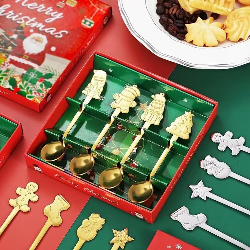 4 Cucchiai Da Caffè Natalizi In Acciaio Inox – Set Regalo Con Pupazzo Di Neve, Stella E Omino Pan Di Zenzero, Idee Regalo Natale