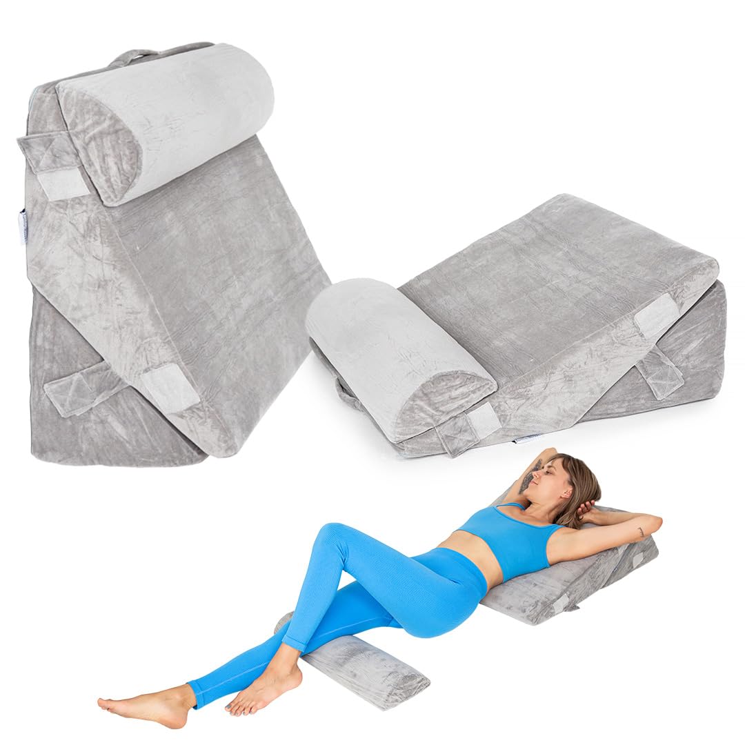 MKS. Cojín de cuña plegable 3 en 1 – Almohada ajustable para espalda, piernas, dormir, leer – Cojín de posicionamiento para acidez estomacal, reflujo, gris – 57 x 56 x 24 cm