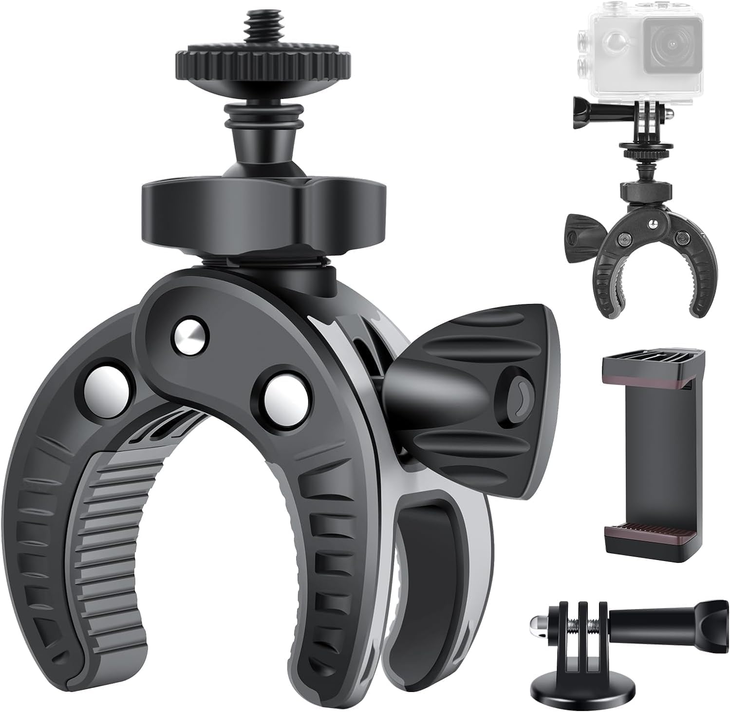UTEBIT Support Guidon de Moto Vélo pour GoPro, 360° Rotatif Fixation Montage Support avec Support Telephone, Fixation Camera Clamp avec 1/4" Compatible for GoPro Action Camera