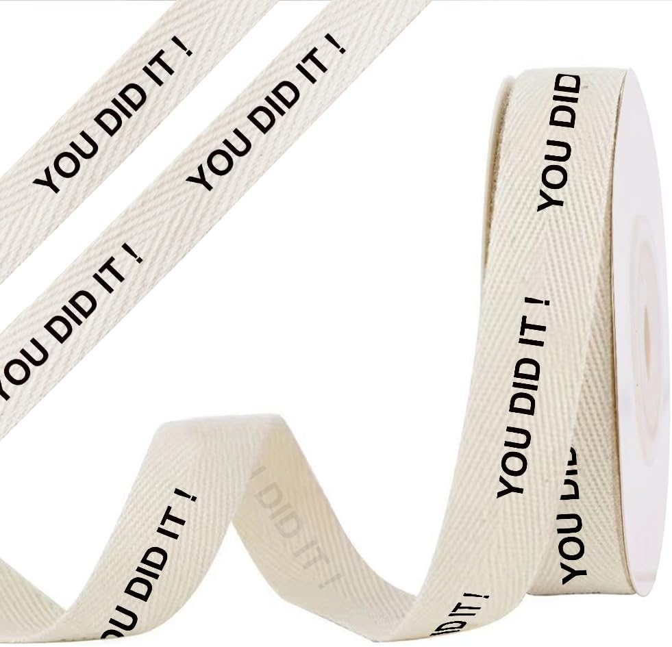 Graduation Cotton Ribbon, 5/8" x 10 Yards You Did It! Ribbons Congrats Grad Cream White Ivory Cotton Herringbone Soft Natural Fabric Ribbon for Class of 2026 Graduate School Gift Wrapping
