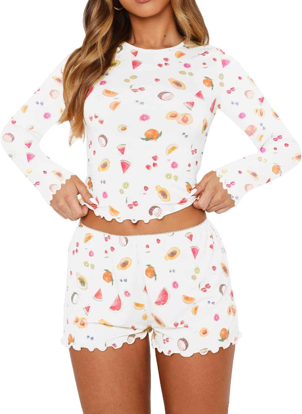 Dressmine Women Cute Pajamas Set 2 Piece Sets Casual Y2k Long Sleeve Tops Sleepwear 2026 Spring PJ Shorts Sets Clothes