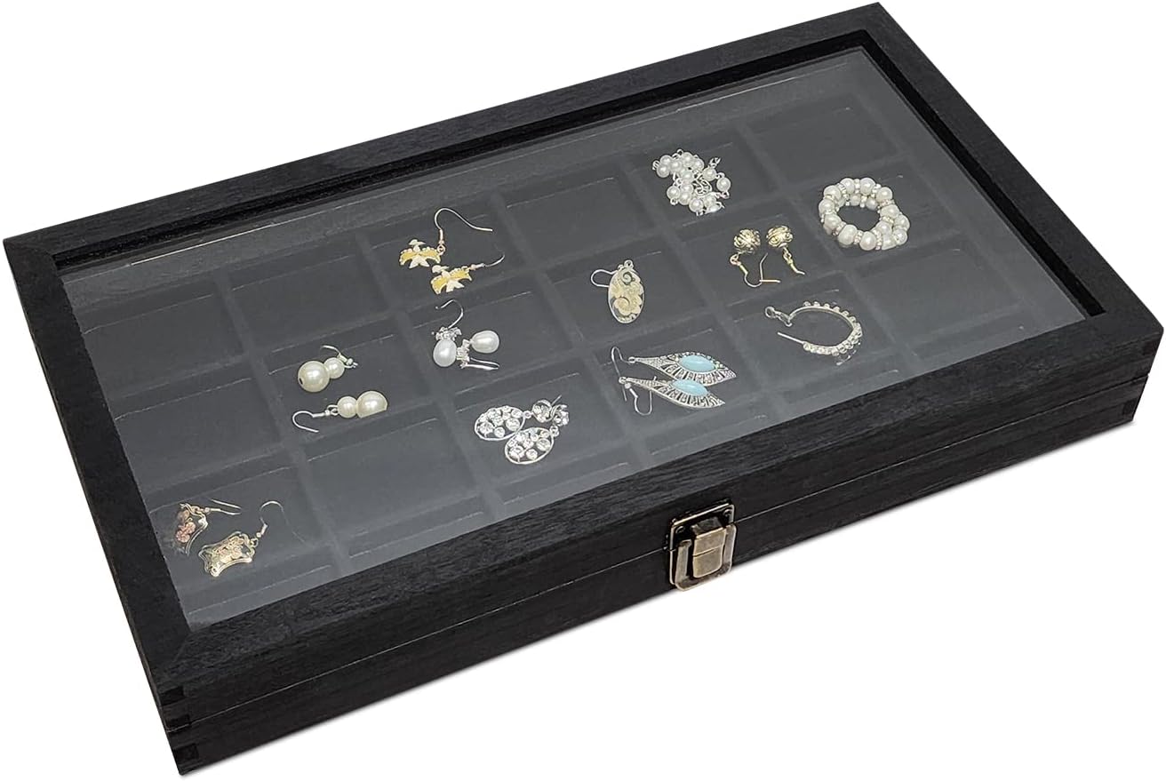 MOOCA Natural Wood Tempered Glass Top Jewelry Display Case