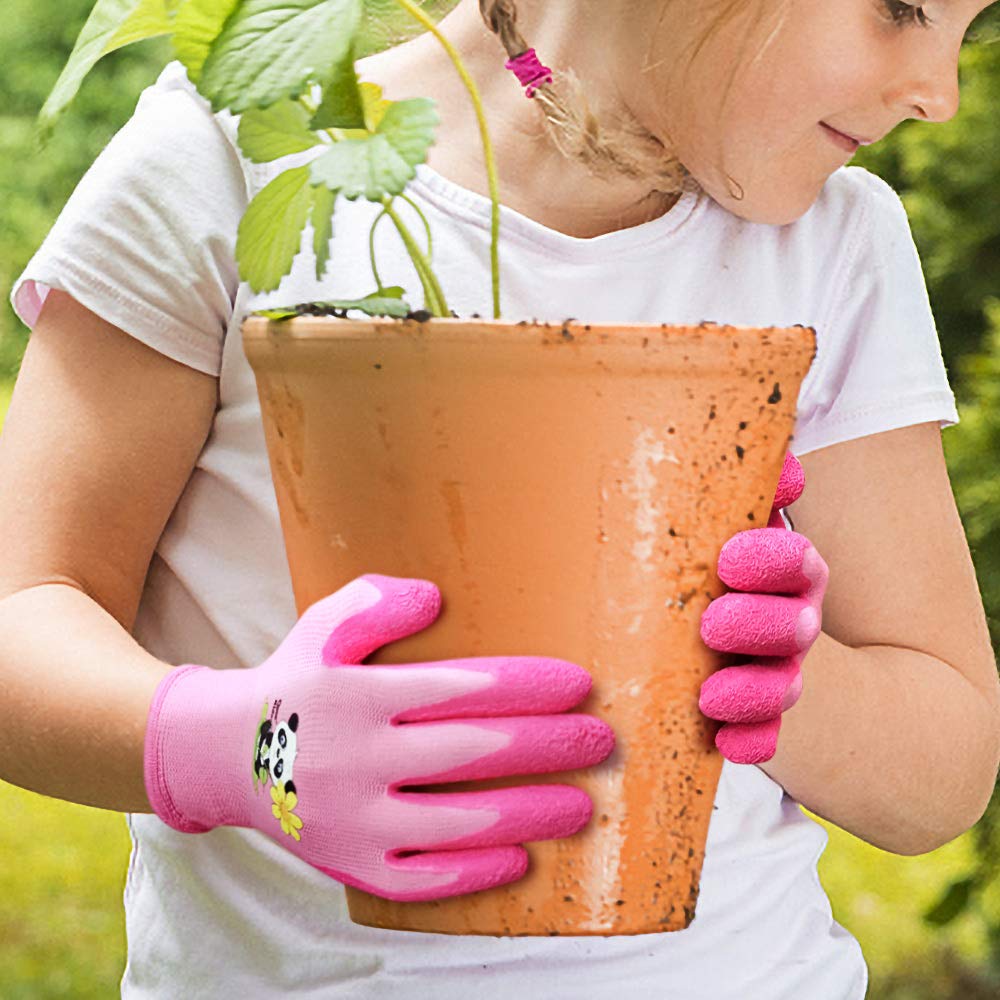Dziewczęce różowe dziecięce rękawice ogrodowe, małe dzieci w wieku 3-6 lat, DIY, przedszkole, na zewnątrz, dzianinowa wkładka, powłoka z naturalnej gumy dla odporności na wodę / zabrudzenia (3-6 lat różowe)
