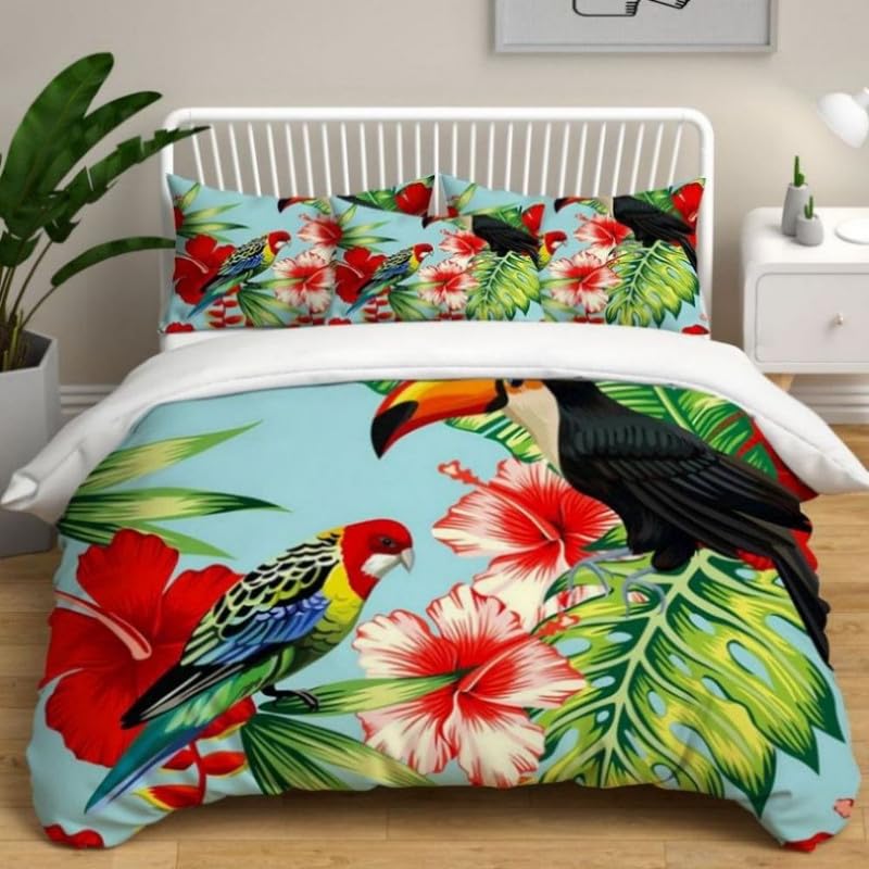 Housse de couette 90x190 microfibre perroquet bleu avec taie d'oreiller 65x65