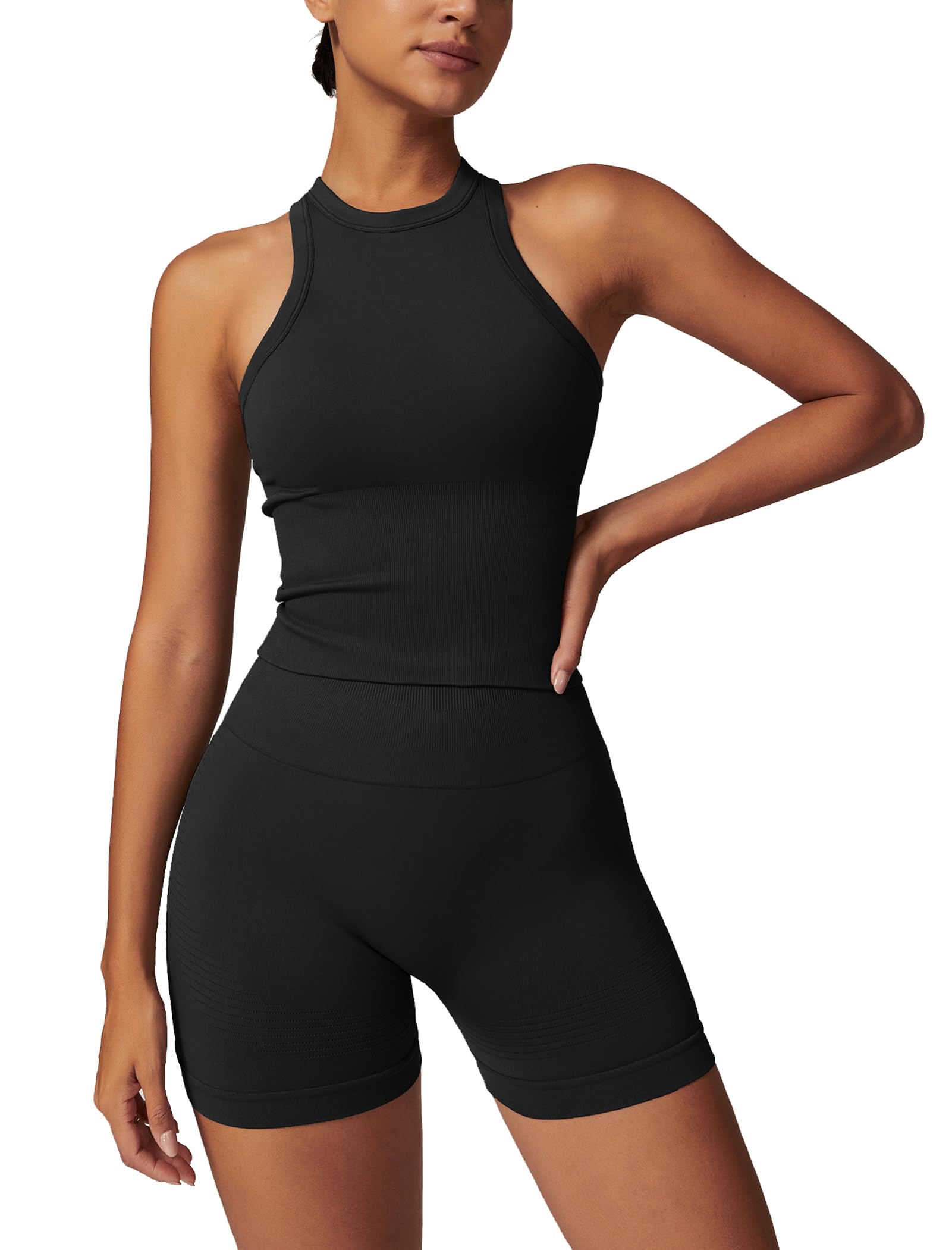 Workout Sets for Women 2 Piece Seamless Ribbed Tank Top Sport Bra High Waist Biker Shorts GYM Yoga Exercise Outfits