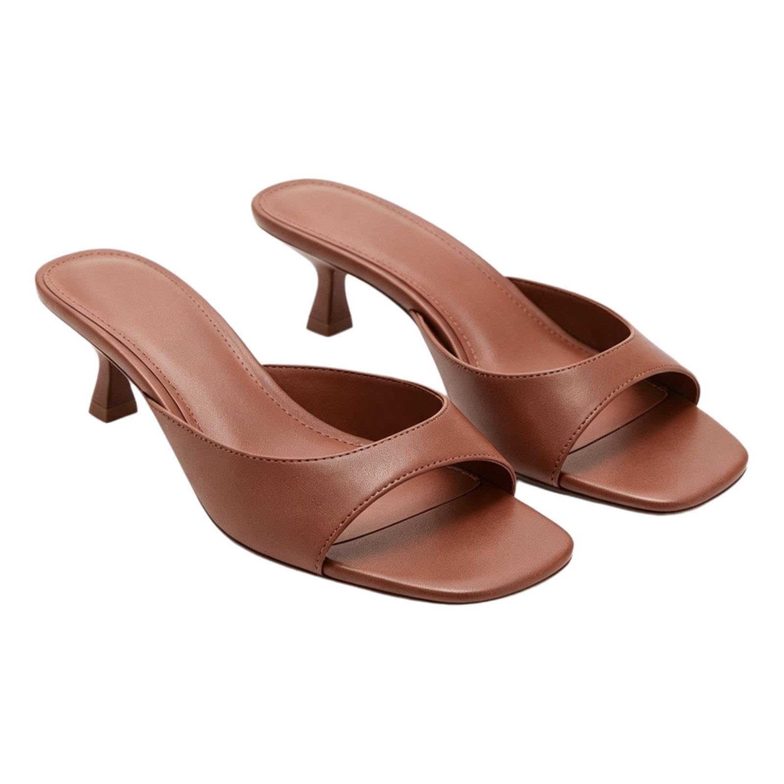 Sandali Con Tacco A Gattino Slip Con Punta Aperta Su Sabot Con Tacco Basso | Tomaia in PU, punta aperta rotonda, tacco da 1,77 pollici, slip-on, suola antiscivolo, versatile for feste(Brown,40 EU)